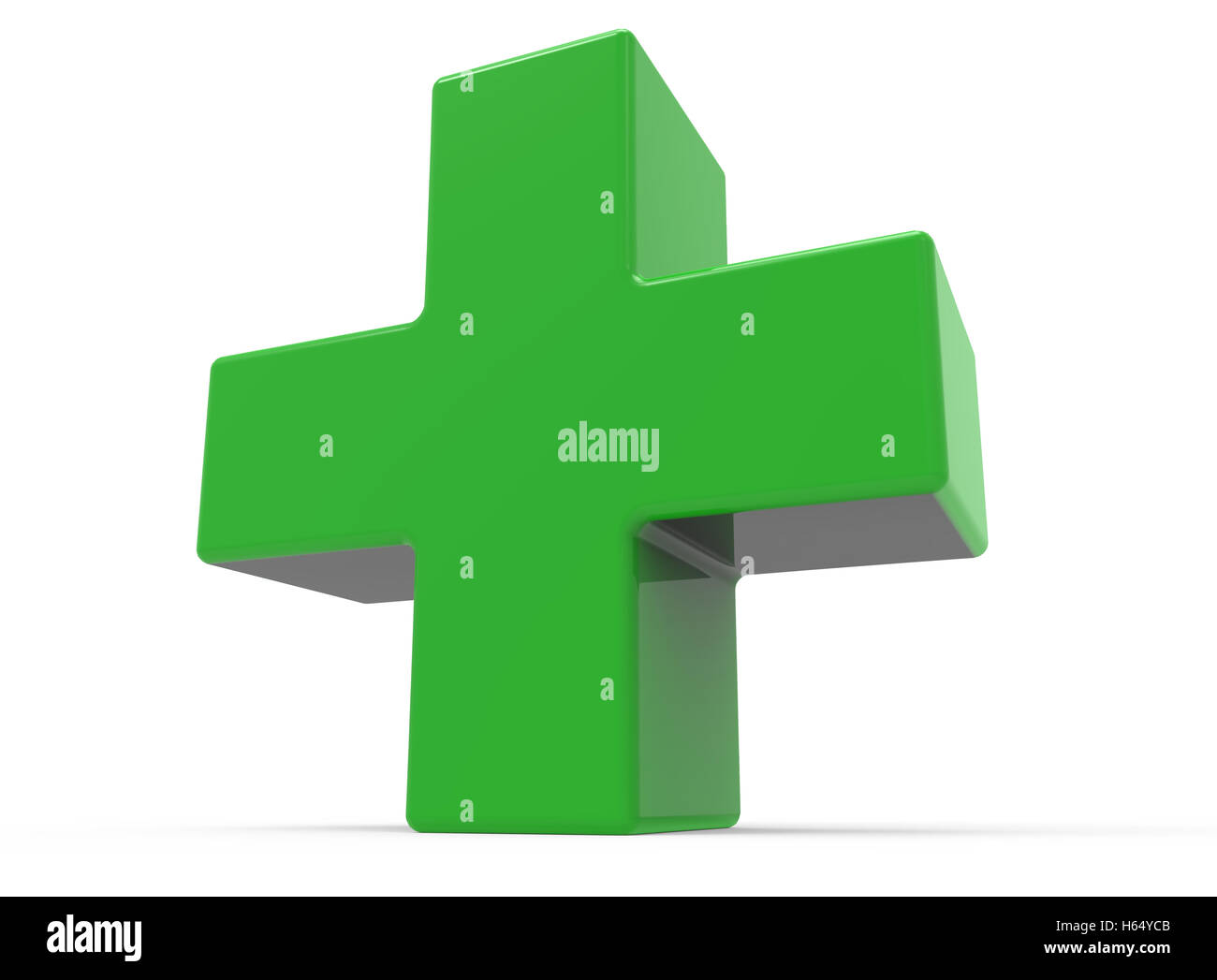 Signe plus vert isolé sur fond blanc, se penchant à droite, rendu 3D Banque D'Images