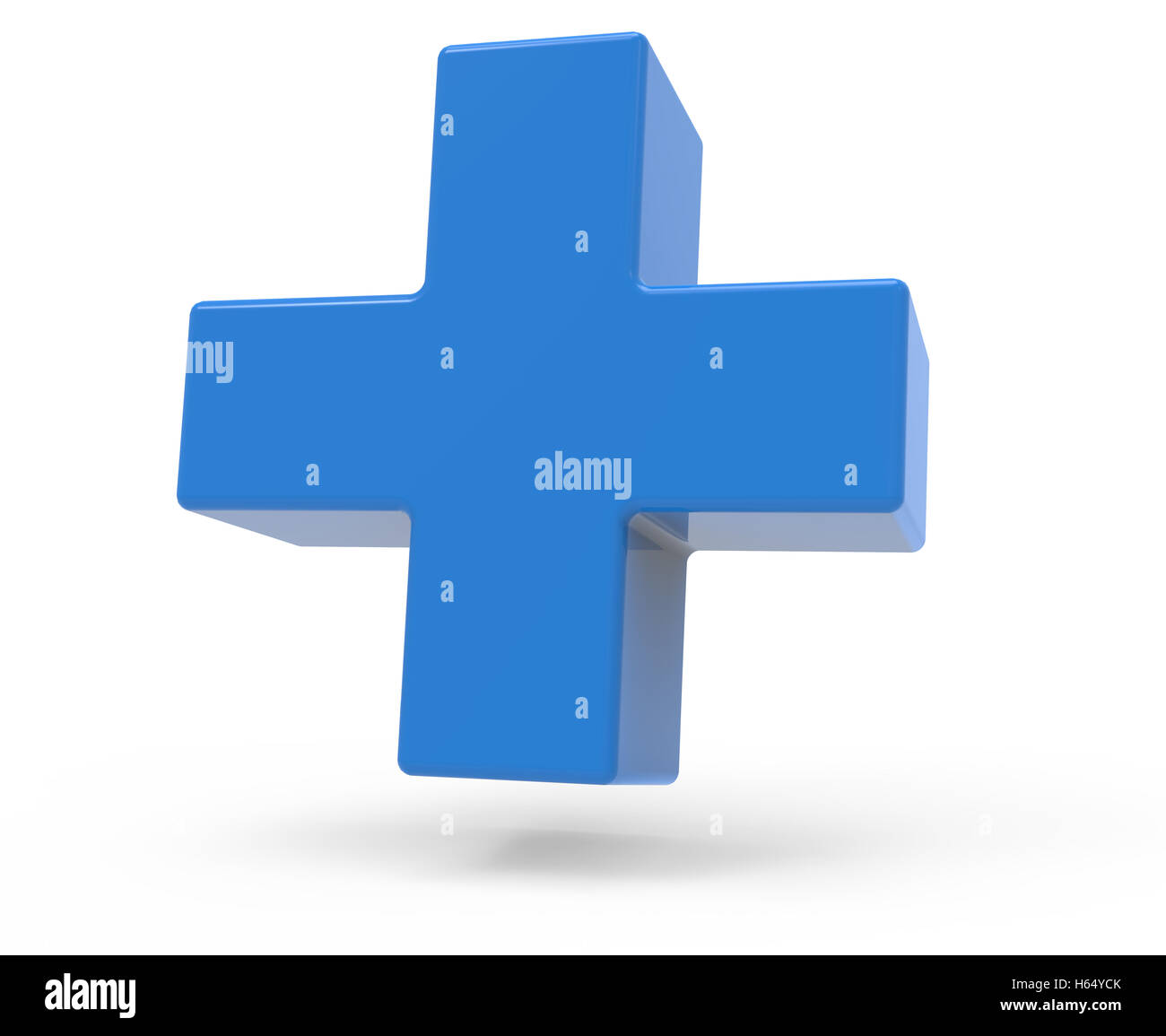 Blue signe plus isolé sur fond blanc, se penchant à droite, rendu 3D Banque D'Images