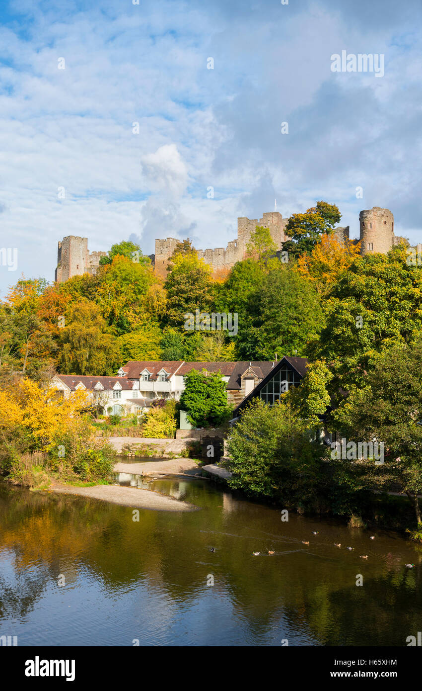 Ludlow Castle surplombant la rivière Teme en automne, Ludlow, Shropshire, England, UK. Banque D'Images