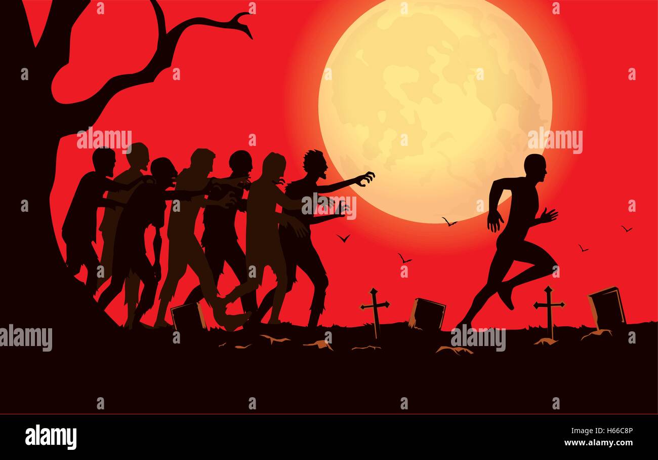 Runner courir loin de groupe de zombies dans le cimetière. Illustration de Vecteur