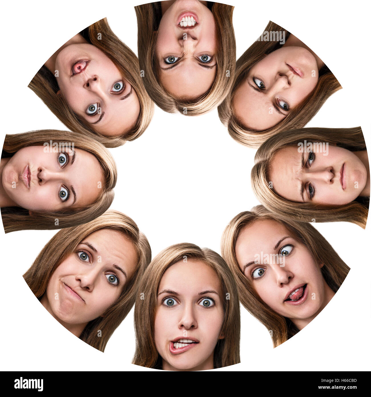 Collage of woman avec différentes émotions en cercle. Frame with copy space Banque D'Images