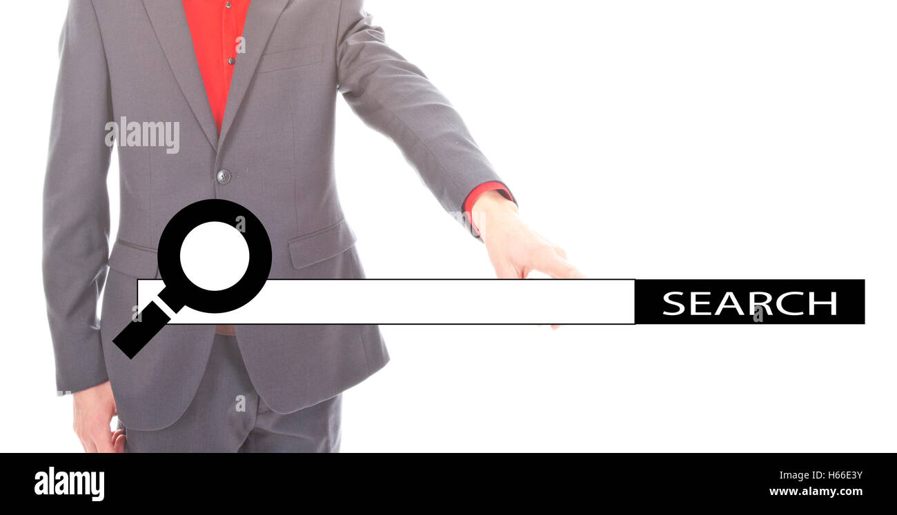 Jeune homme d'affaires avec internet search bar isolé sur fond blanc Banque D'Images