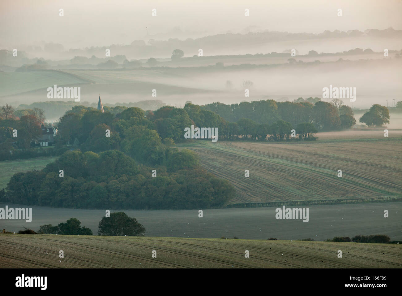 Misty dawn automne sur le South Downs près de Berwick, East Sussex, Angleterre. Banque D'Images