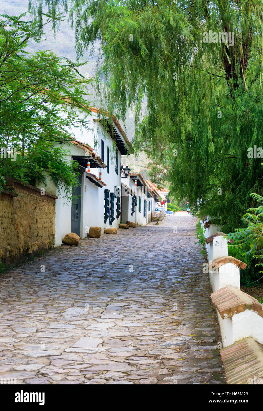 Rue pavée traversant historic Villa de Leyva, Colombie Banque D'Images