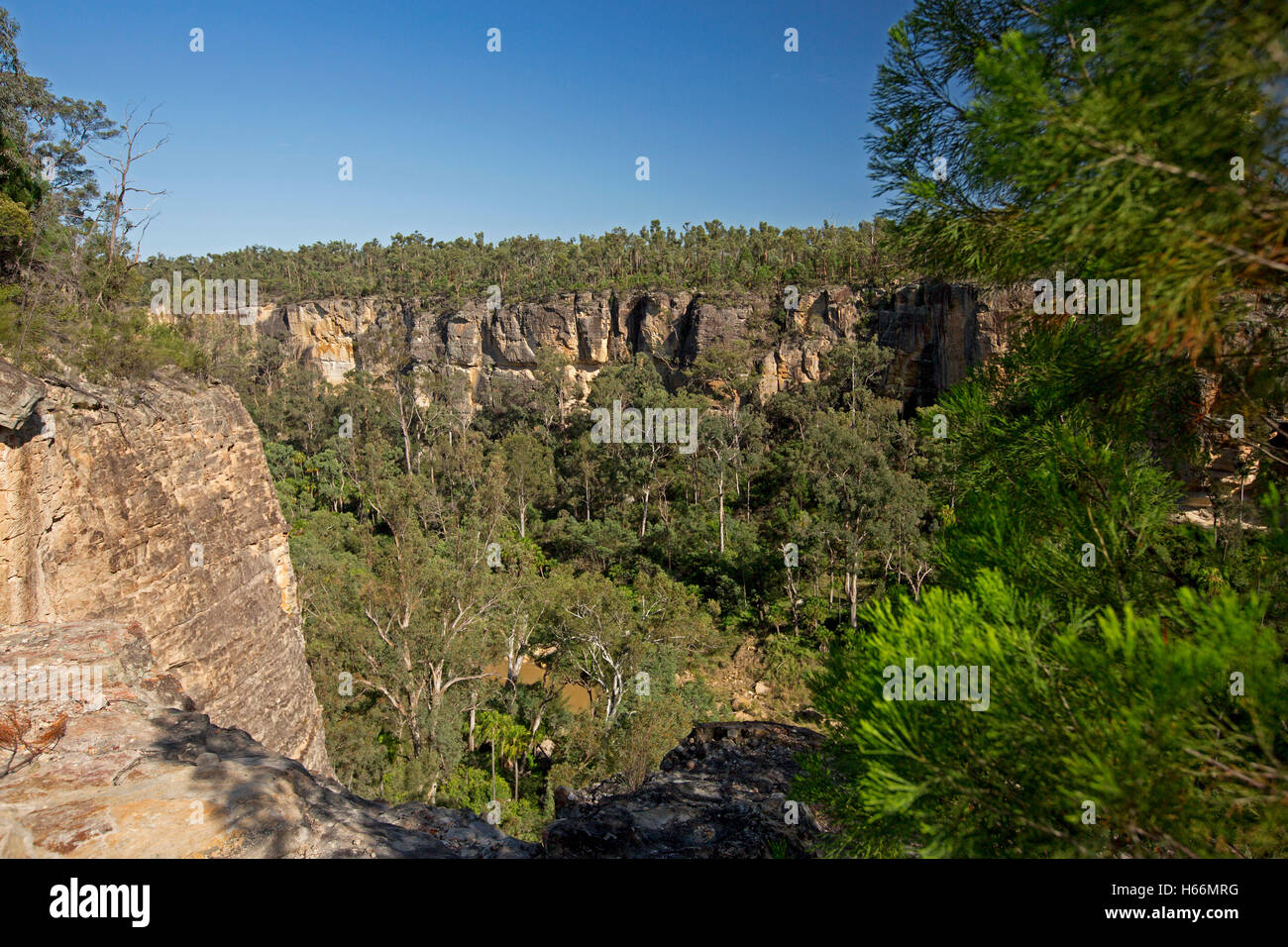 Vue spectaculaire des gorges profondes Robinson, falaises de grès robuste et large creek chambres sous les arbres dans le parc national de l'expédition à distance en Australie Banque D'Images