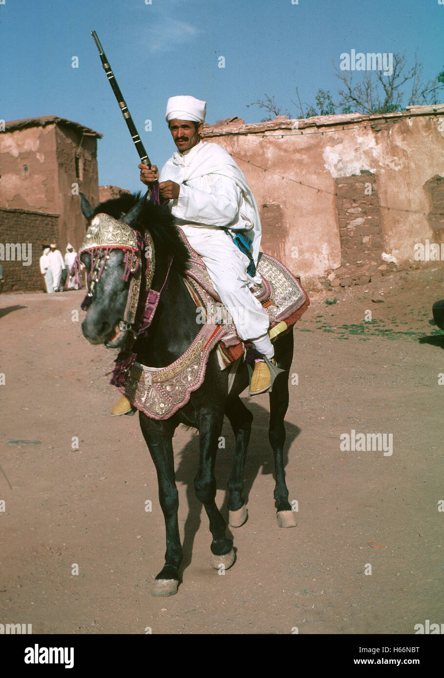 Tribesman sur un cheval décoré avec des vêtements traditionnels, Maroc Avril 1997 Banque D'Images