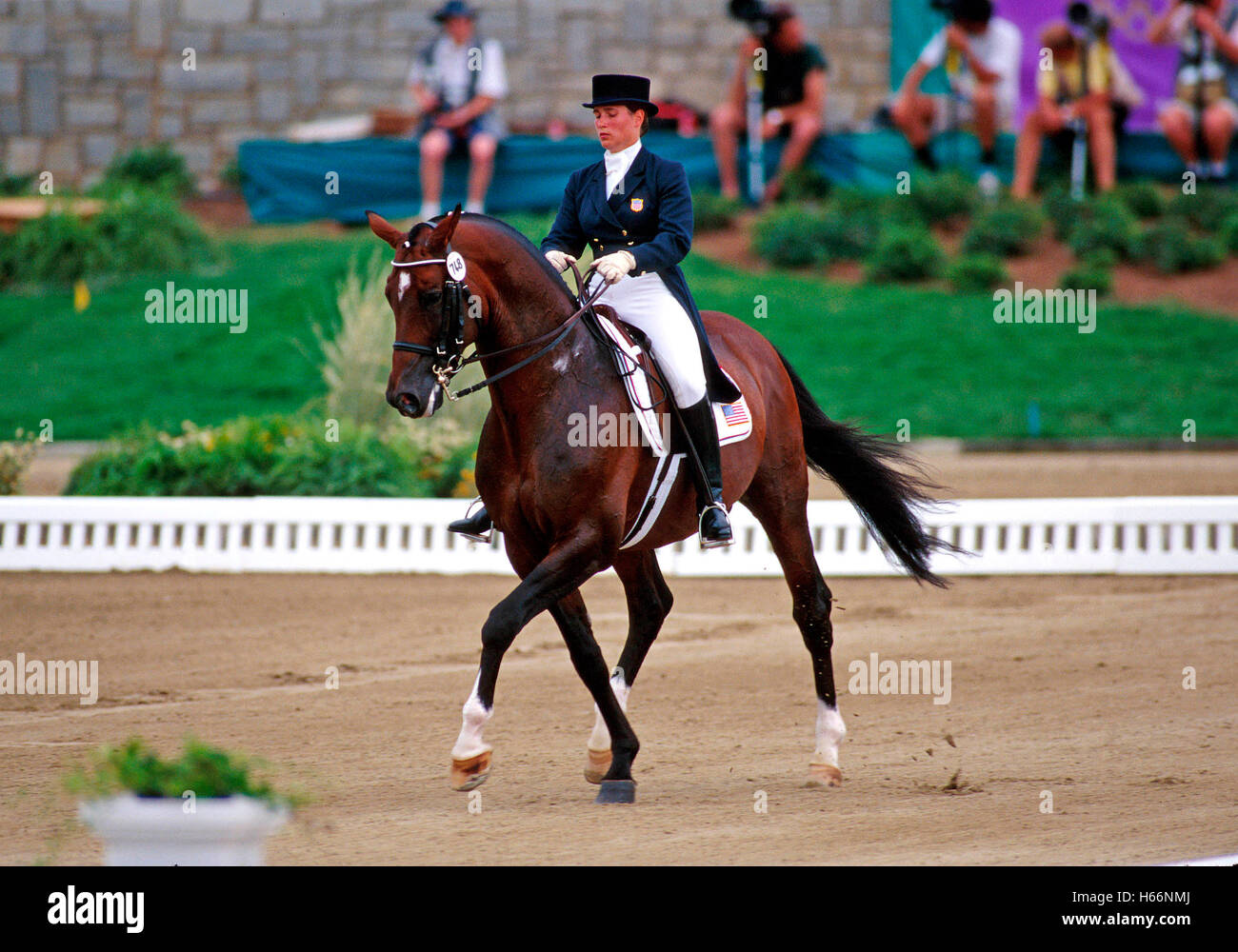 Les Jeux Olympiques, à Atlanta en 1996, Michelle Gibson (USA) équitation Peron Banque D'Images