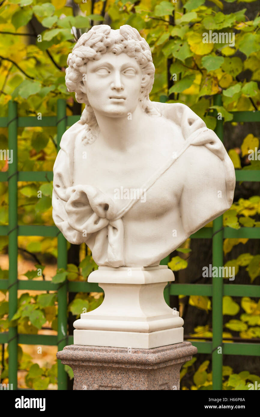 Buste sculptural de l'Apollo dans le jardin d'été, Saint-Pétersbourg Banque D'Images