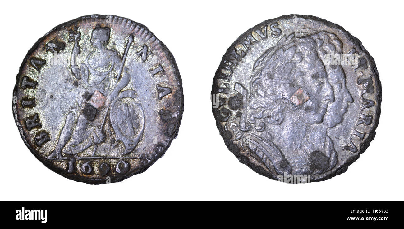 Tin farthing avec bouchon en cuivre de William et Mary Banque D'Images