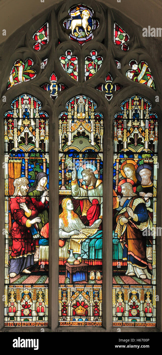 Sensibilisation de la fille de Jaïrus par Jésus, le vitrail de la fenêtre du 19e siècle, Miracle, Nouveau Testament, Jaïrus de Galilée Synagogue Banque D'Images