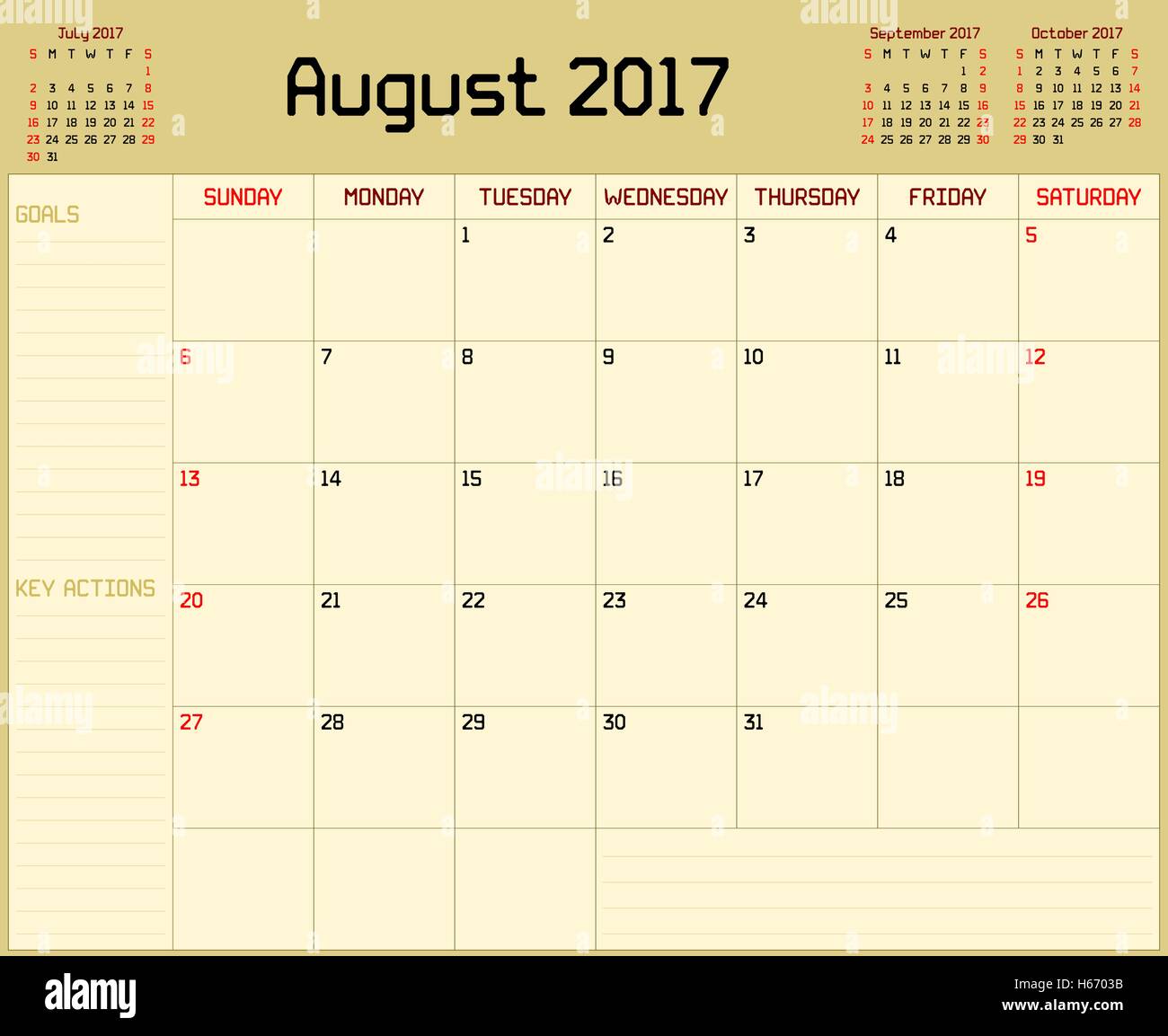 Une planification mensuelle calendrier pour août 2017 sur fond jaune. Une coutume des lignes droites thick est utilisé. Illustration de Vecteur