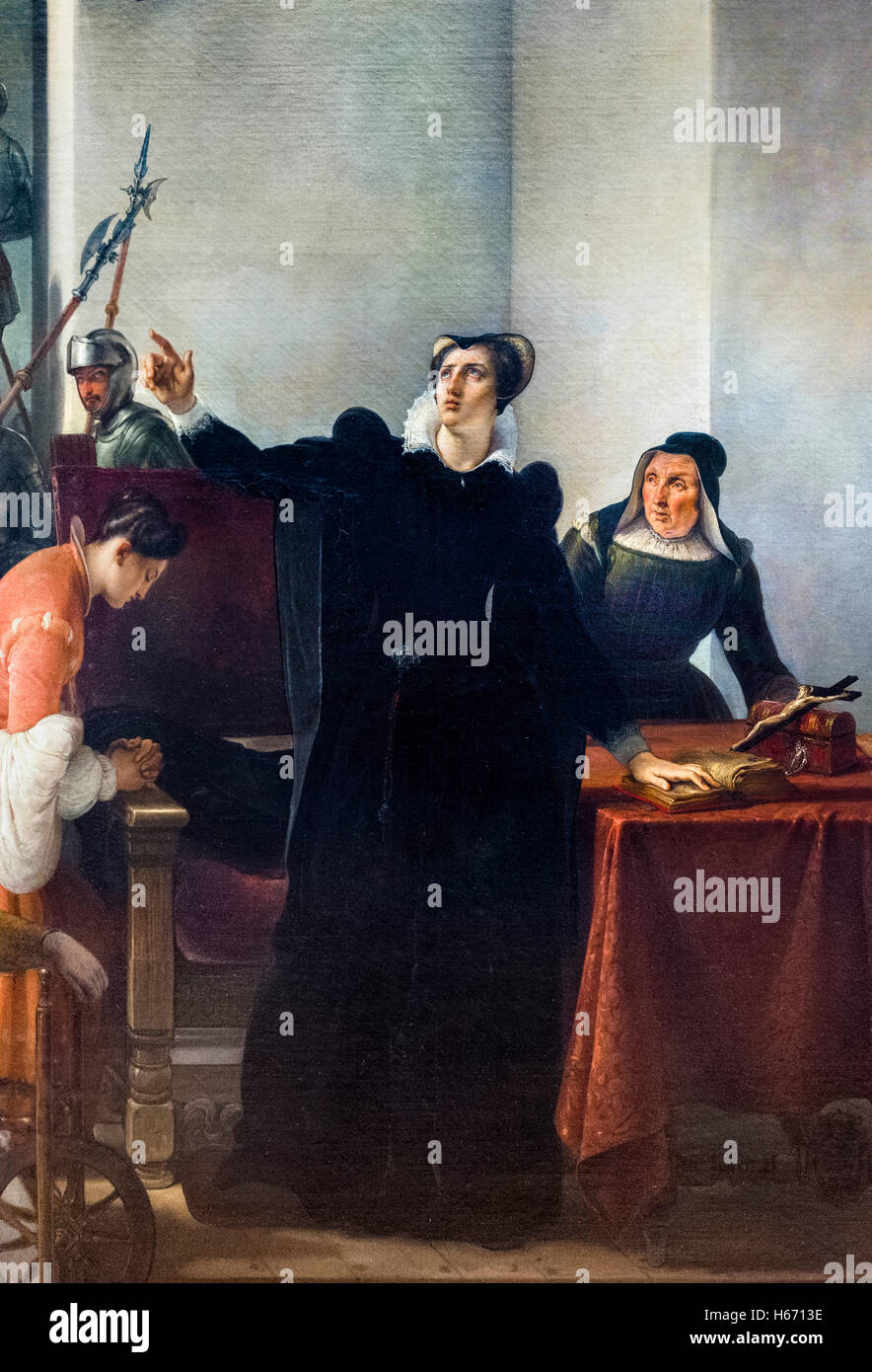 "Mary Stuart (Mary Queen of Scots) annonce de son innocence à sa mort La peine' par Francesco Hayez, huile sur toile, 1832. C'est un détail d'une grande peinture, H6713F. Banque D'Images