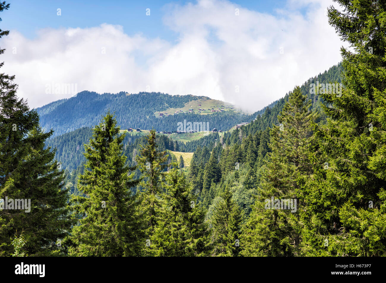 L'affichage à distance des maisons de Sal plateau près de Senyuva, Camlihemsin. Camlihemsin est une petite ville et district de la province de Rize Banque D'Images