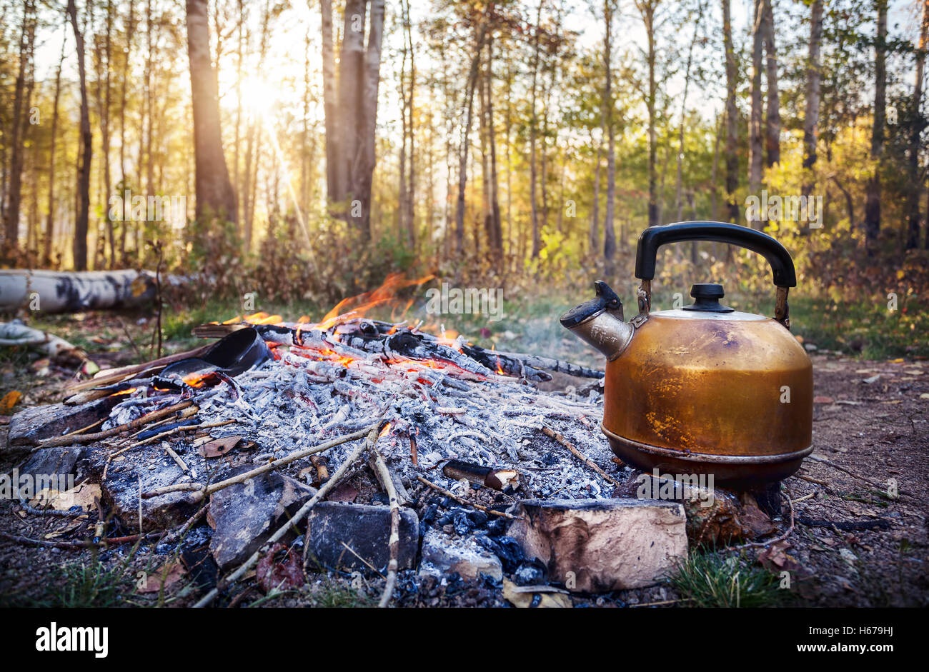 Tourisme électrique en feu fumée dans la forêt le matin au lever du soleil Banque D'Images