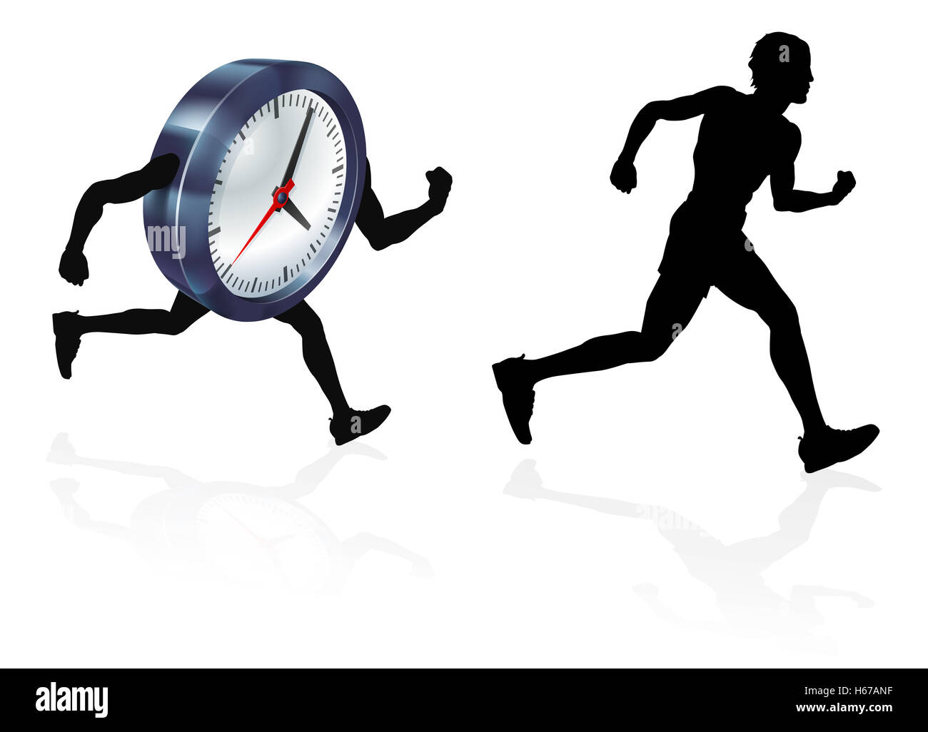 Un homme court course un concept de l'horloge pour la pression du temps ou d'équilibre de vie, d'être souligné ou une date limite de course Banque D'Images