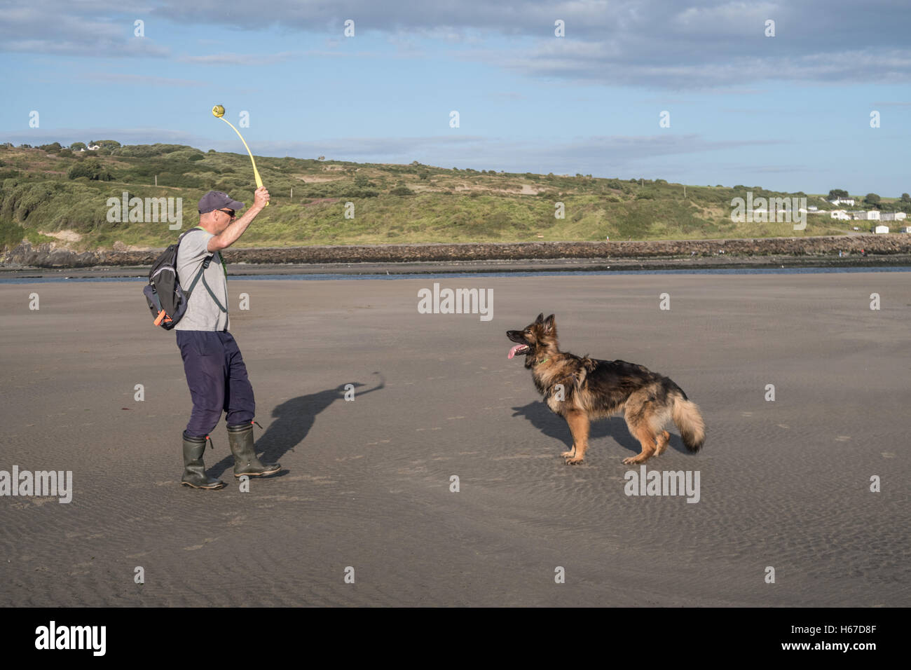 Homme lançant une boule pour son chien sur la plage de sable près de Poppit Cardigan, Wales. Ils ont du plaisir à jouer un jeu ensemble Banque D'Images