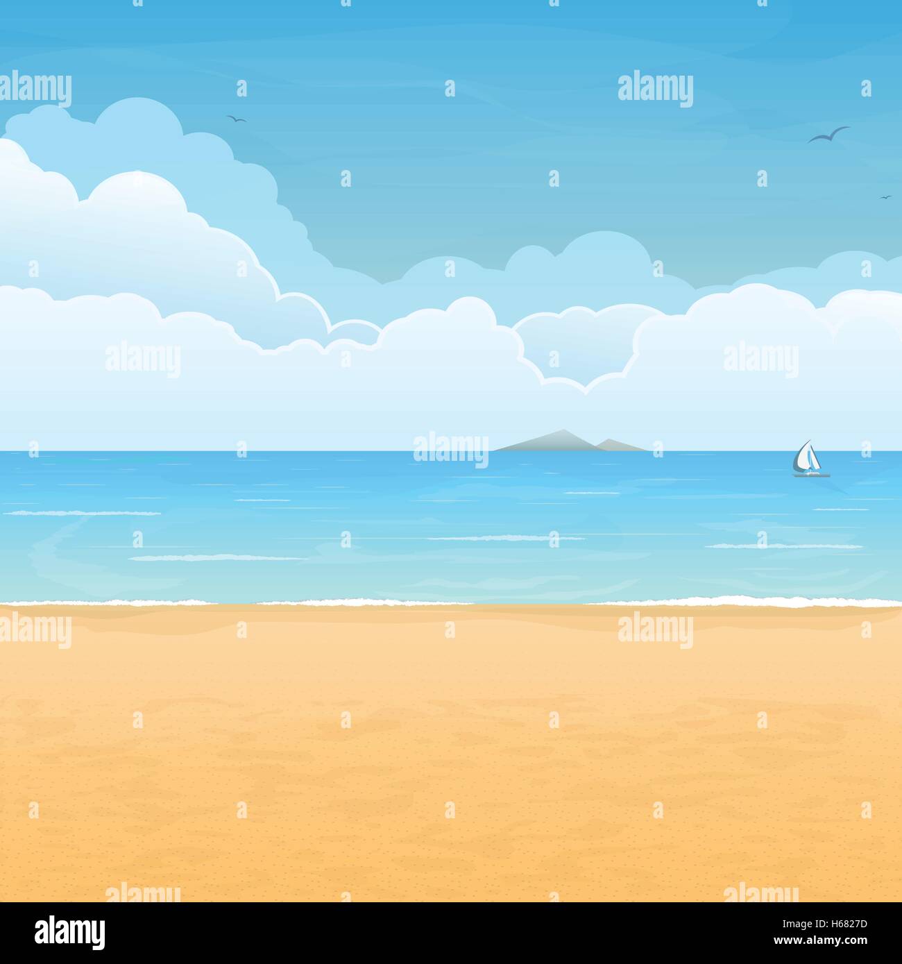 La plage de sable tropicale, bateau en mer, l'île de montagne à l'horizon et les nuages sur l'arrière-plan Illustration de Vecteur