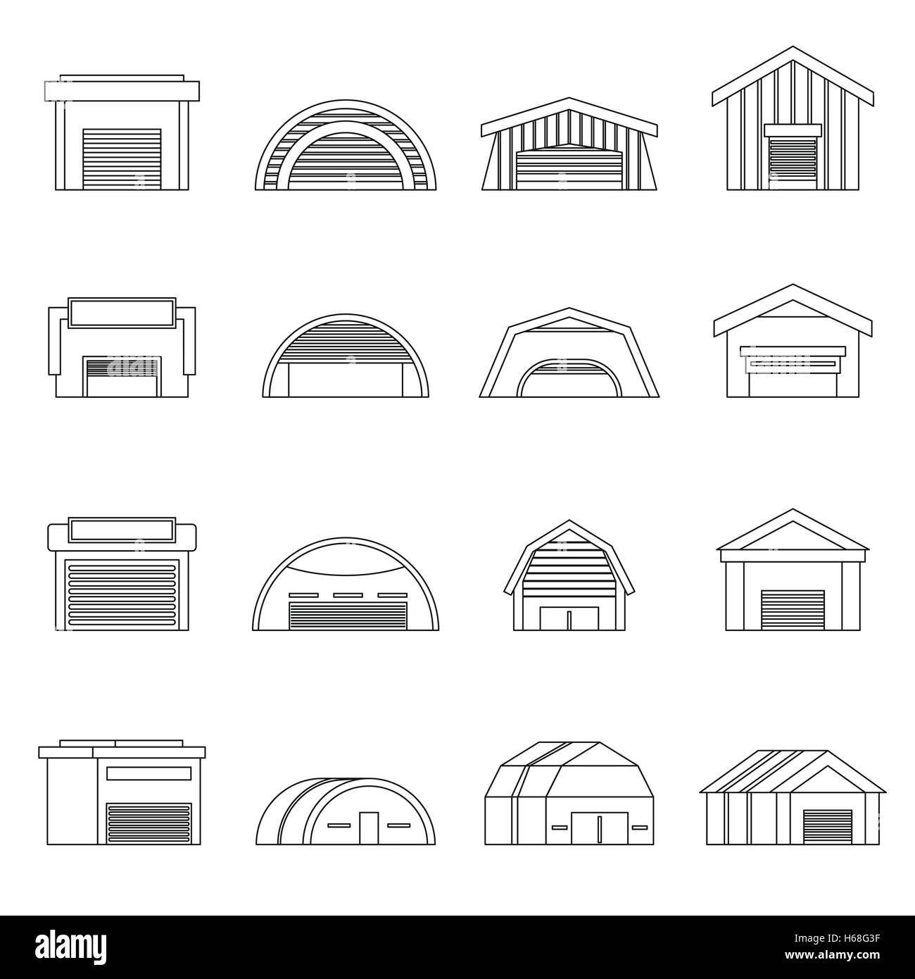 Hangar icons set, contours ctyle Illustration de Vecteur