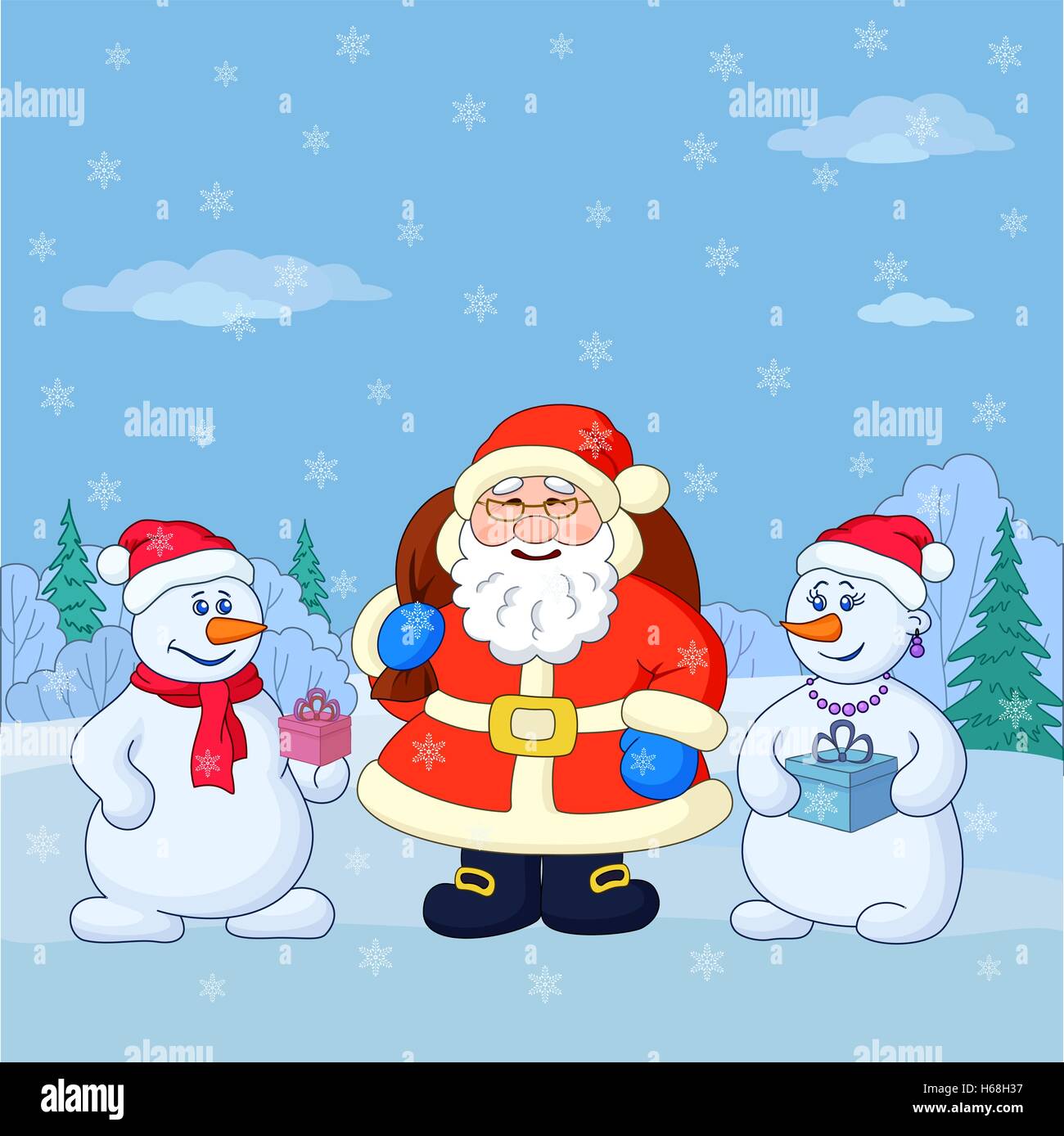 Le Père Noël et dans une forêt d'hiver snowmans Illustration de Vecteur