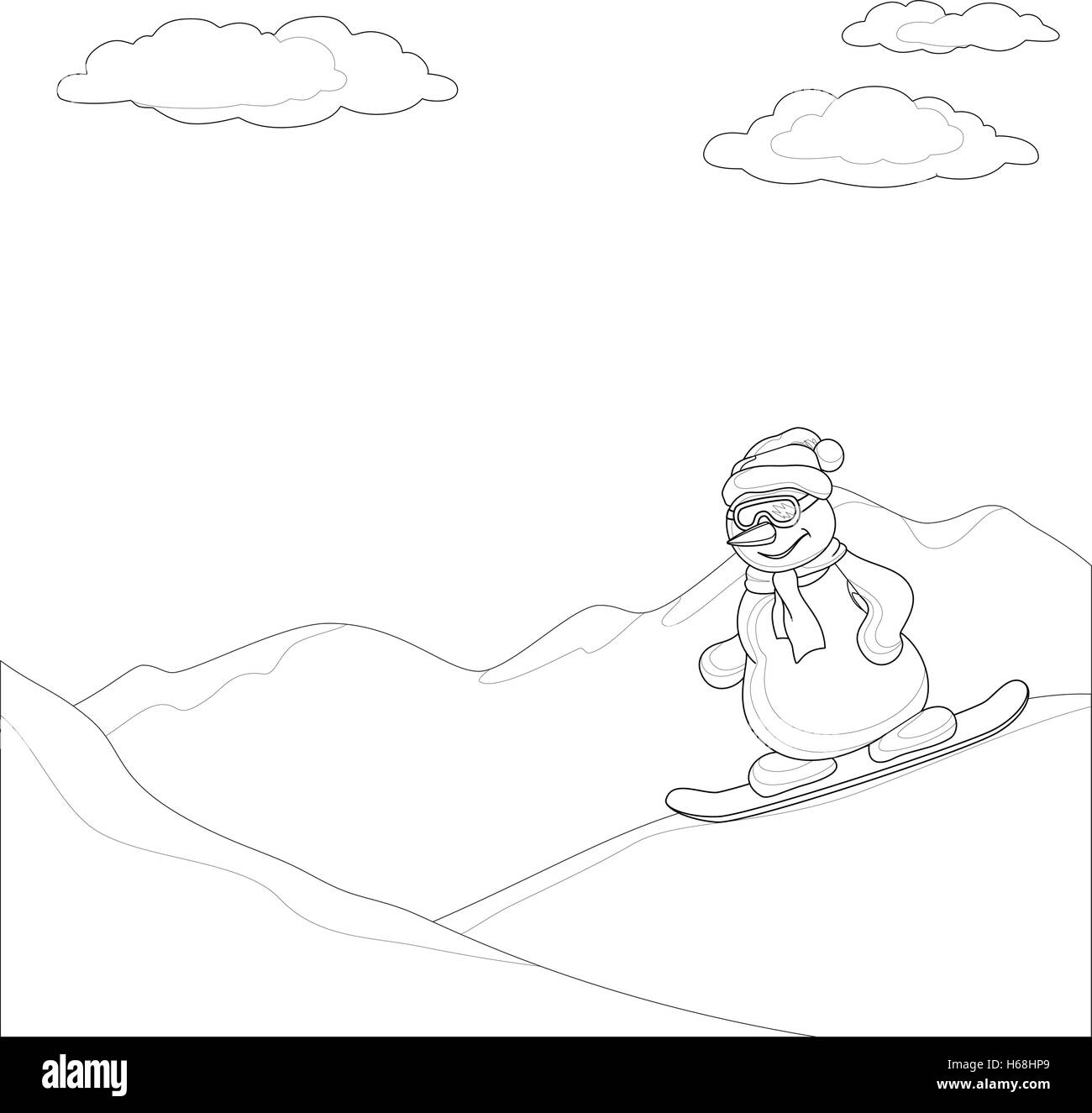 Bonhomme de neige sur une planche à neige, les contours Illustration de Vecteur