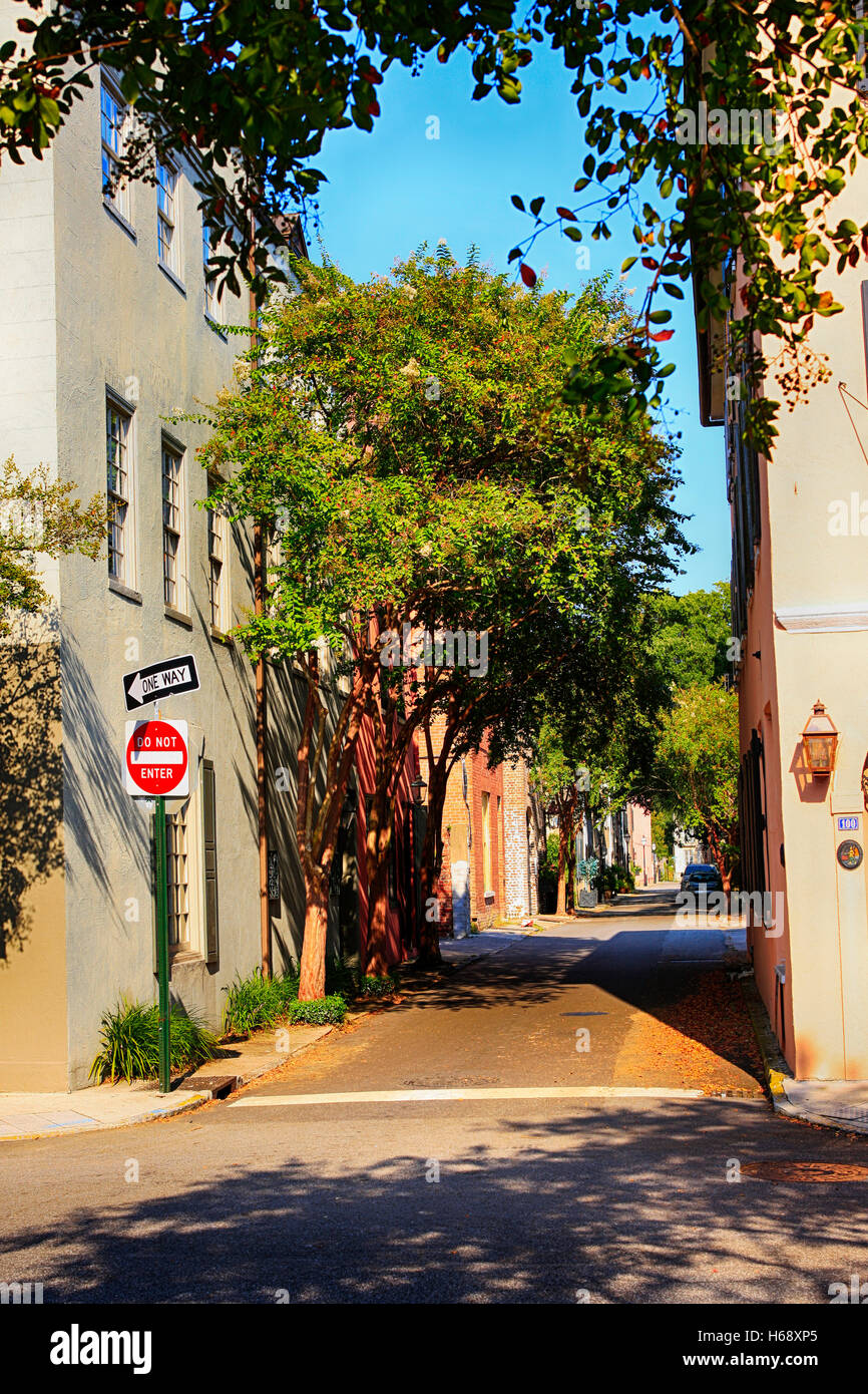 L'une des rues étroites du quartier historique de Charleston, SC entrelacé qui Banque D'Images