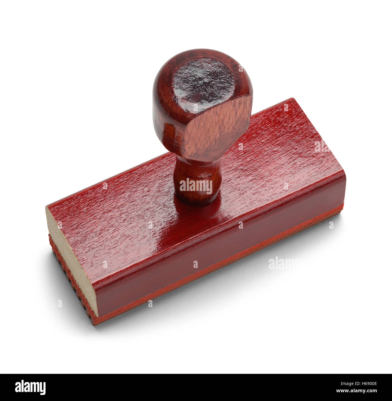 Bureau bois Rubber Stamper avec copie espace isolé sur fond blanc. Banque D'Images