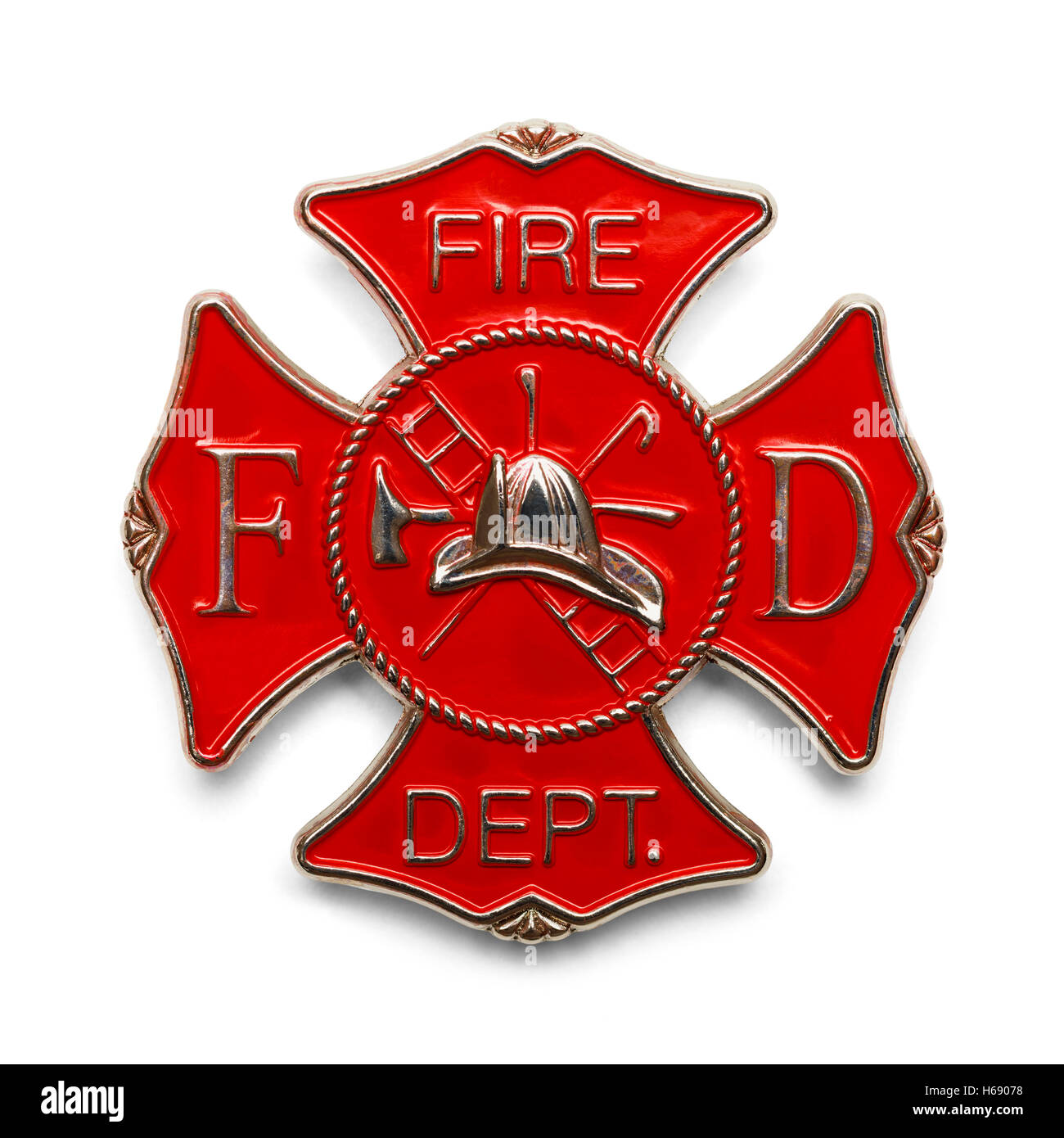 Service d'incendie d'un insigne rouge isolé sur fond blanc. Banque D'Images