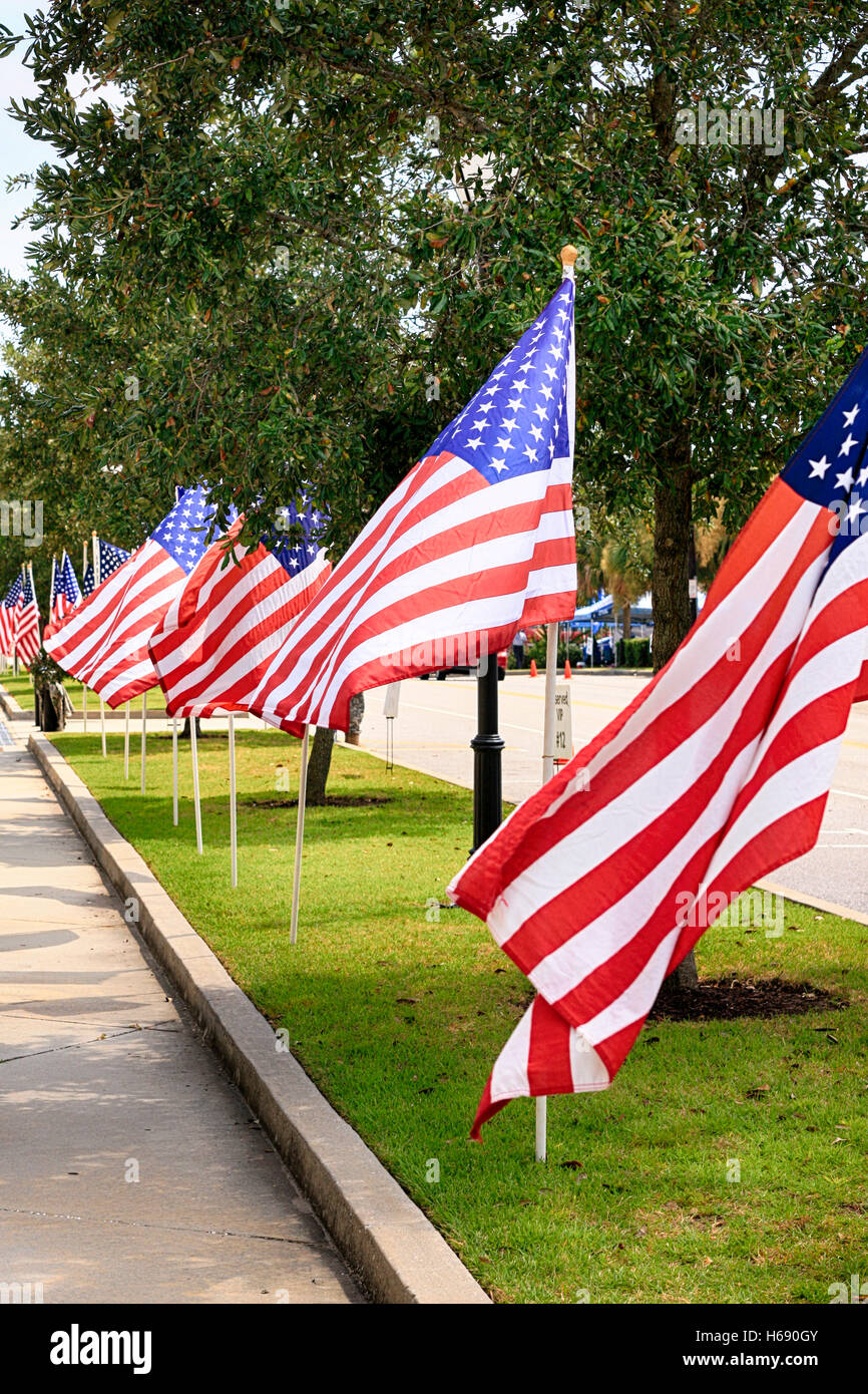 Drapeaux américains bordent les rues autour de la Citadelle de Charleston SC Banque D'Images