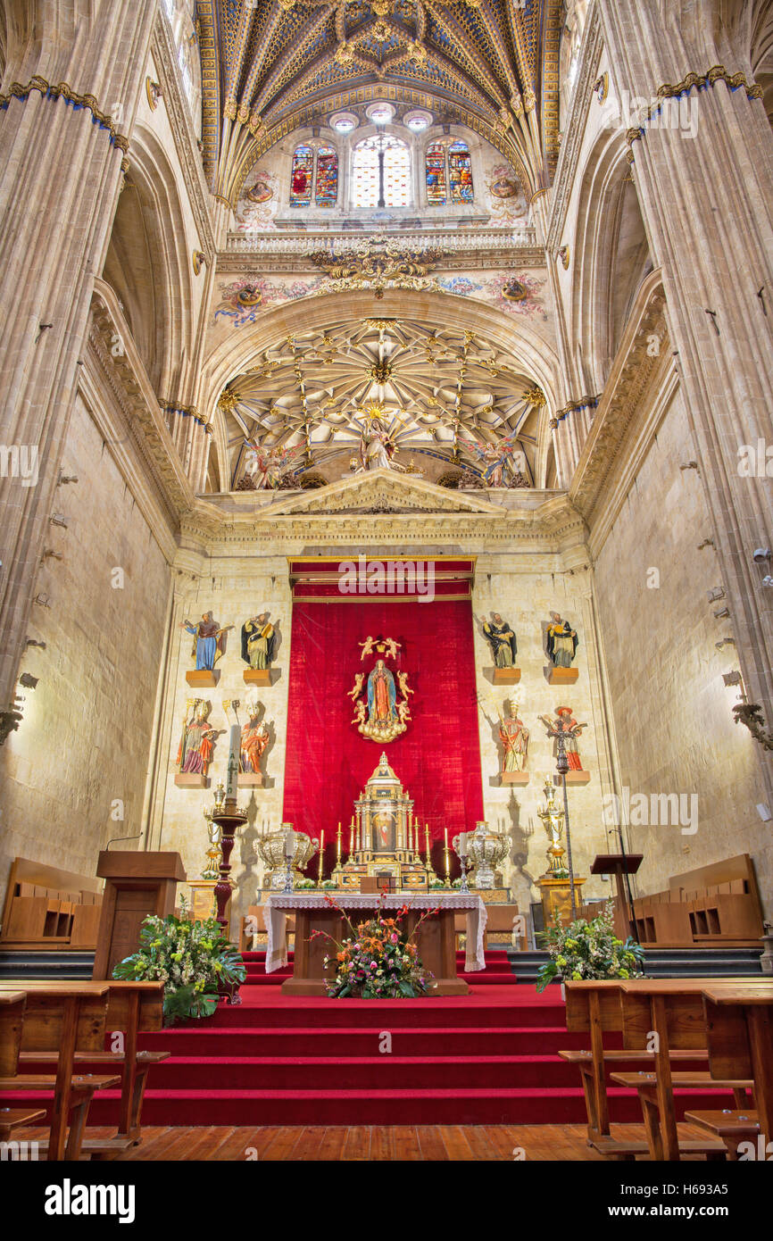 Salamanque, Espagne, Avril - 16, 2016 : Le sanctuaire de la nouvelle cathédrale (Catedral Nueva) avec la statue de l'Assomption Banque D'Images