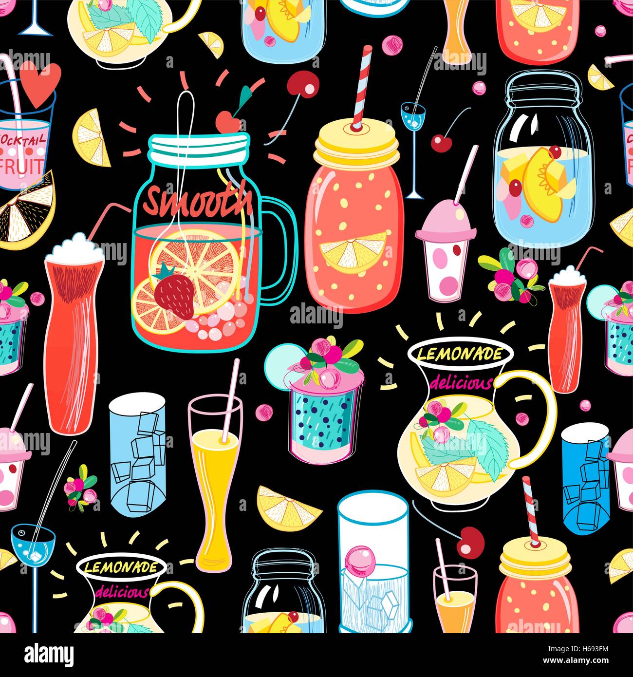 Lumineuse transparente motif avec différents cocktails sur fond noir Illustration de Vecteur