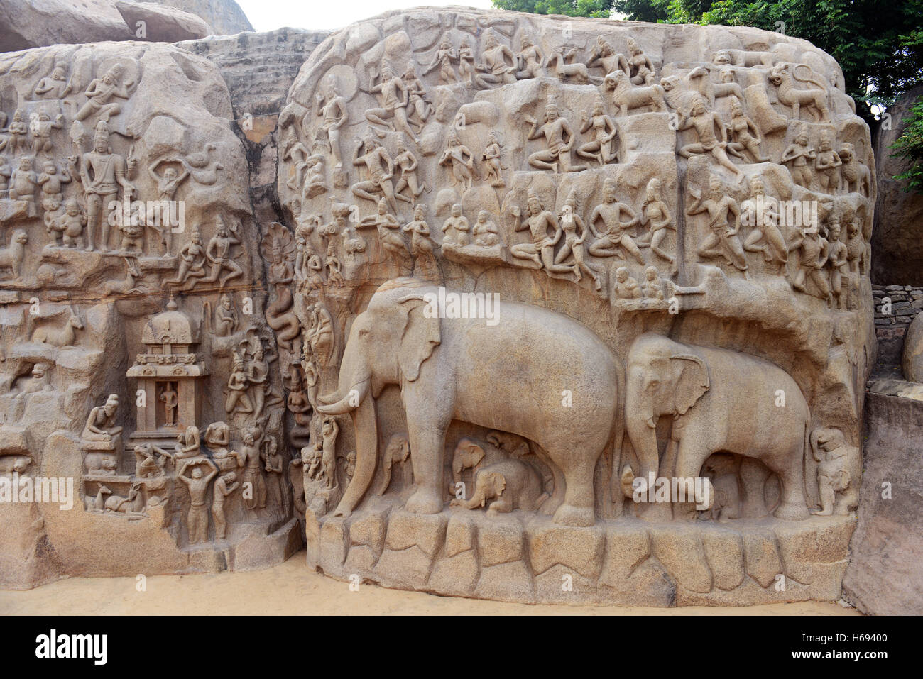 La pénitence d'Arjuna à Mahabalipuram, Inde. Banque D'Images