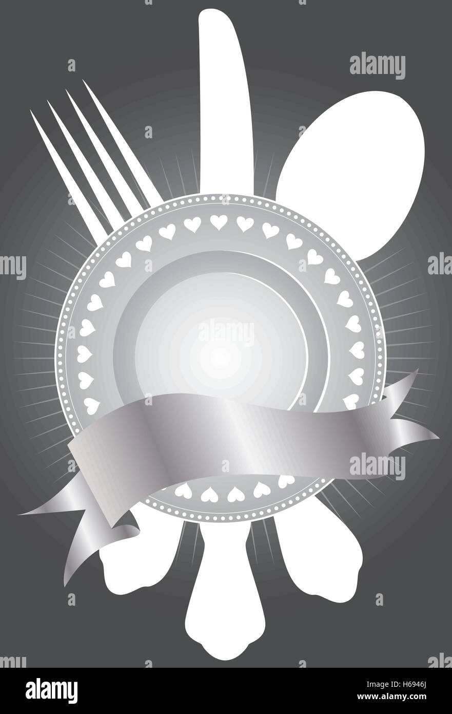 Chic, cœur assiette santé une assiette à dîner avec coeurs blancs et d'une fourchette, couteau, et cuillère. Illustration de Vecteur