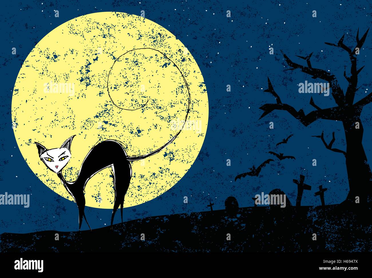 Chat Noir Halloween un chat noir dans un cimetière avec une pleine lune sur l'Halloween. Illustration de Vecteur
