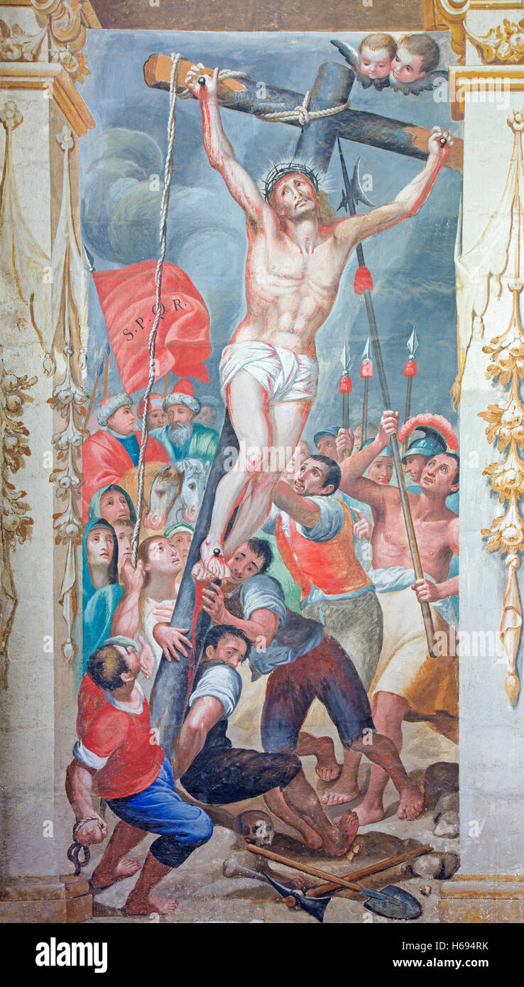 Salamanque, Espagne, Avril - 16, 2016 : l'élévation de la croix à l'église en plein air du Convento de San Esteban par Antonio Villamor Banque D'Images