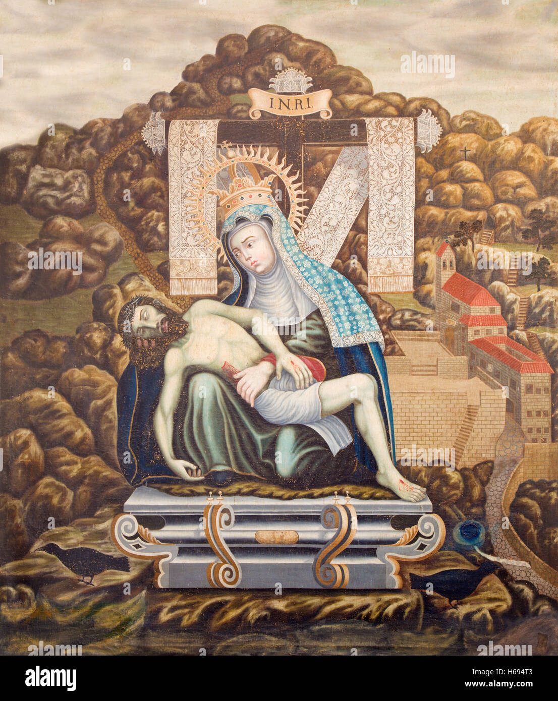 Salamanque, Espagne, Avril - 16, 2016 : la peinture de pieta dans l'église monastère Convento de San Esteban par artiste inconnu Banque D'Images