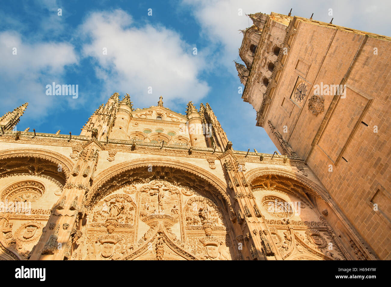 Salamanque, Espagne, Avril - 16, 2016 : Le portail gothique de l'ouest et la tour de Catedral Nueva - nouvelle cathédrale en lumière du soir. Banque D'Images