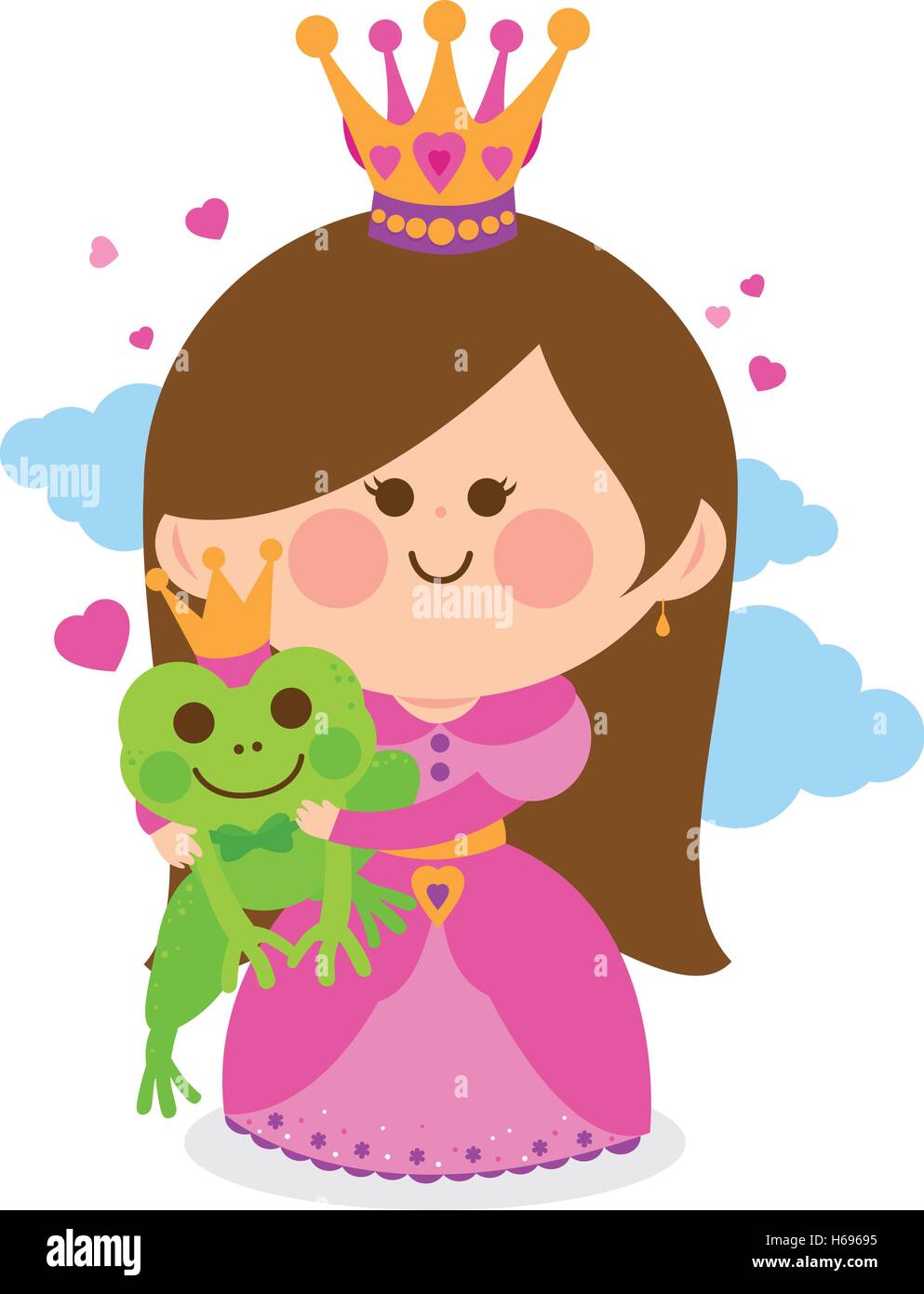 Belle princesse tenant une grenouille prince magique. Illustration de Vecteur