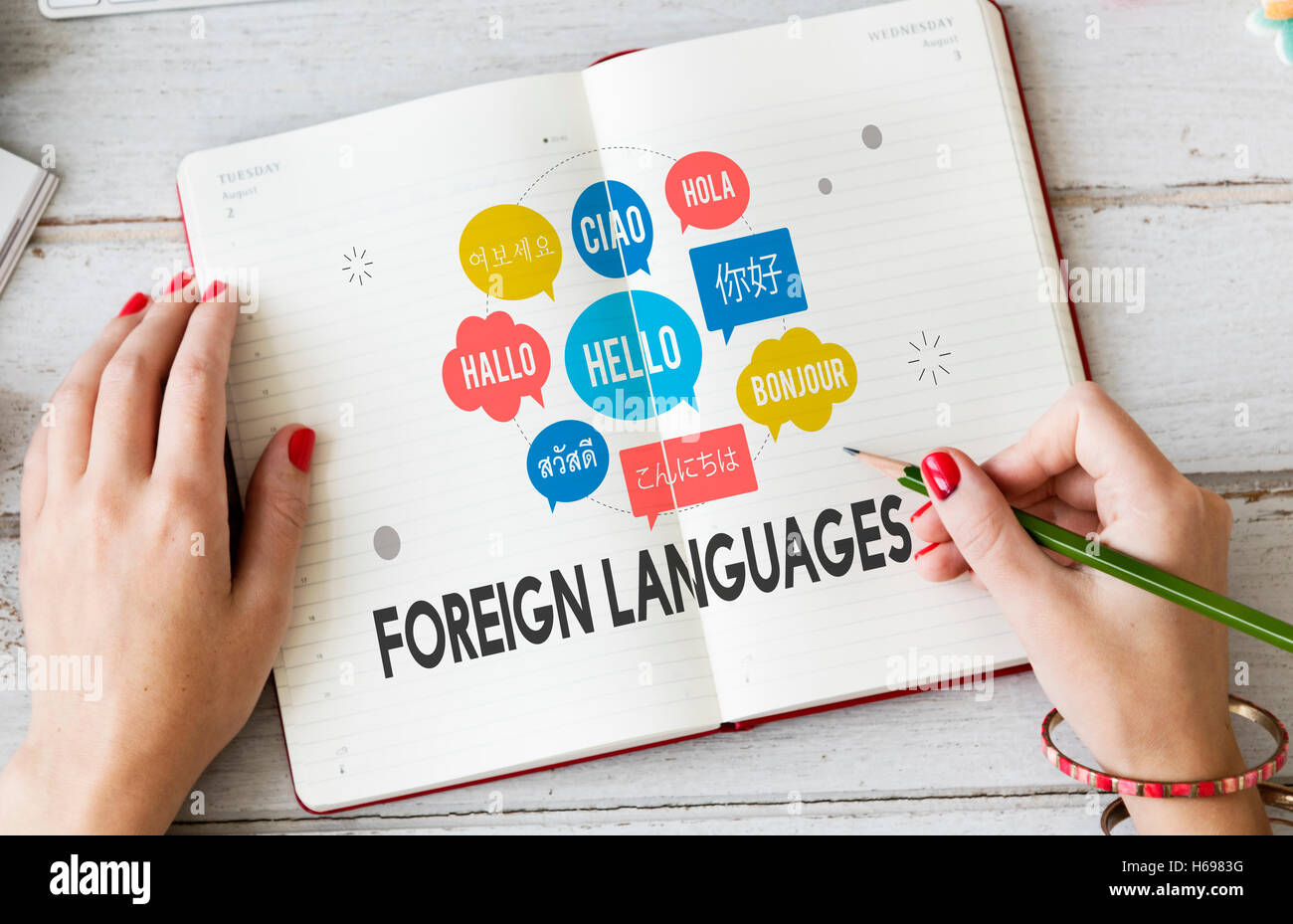 Langues étrangères dans le monde de la communication d'Accueil Concept Banque D'Images