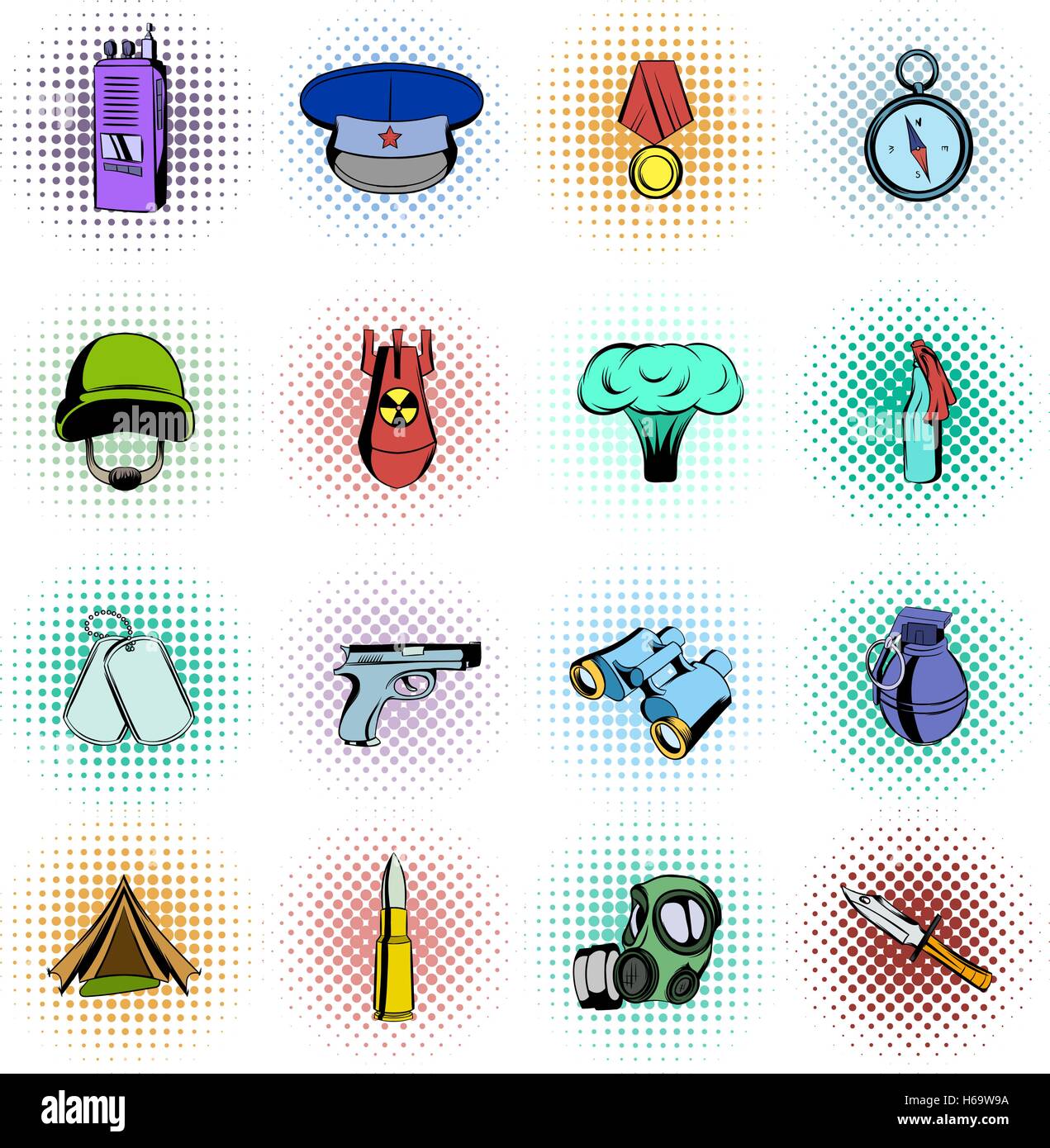 La guerre militaire et les icônes de la bande dessinée Illustration de Vecteur