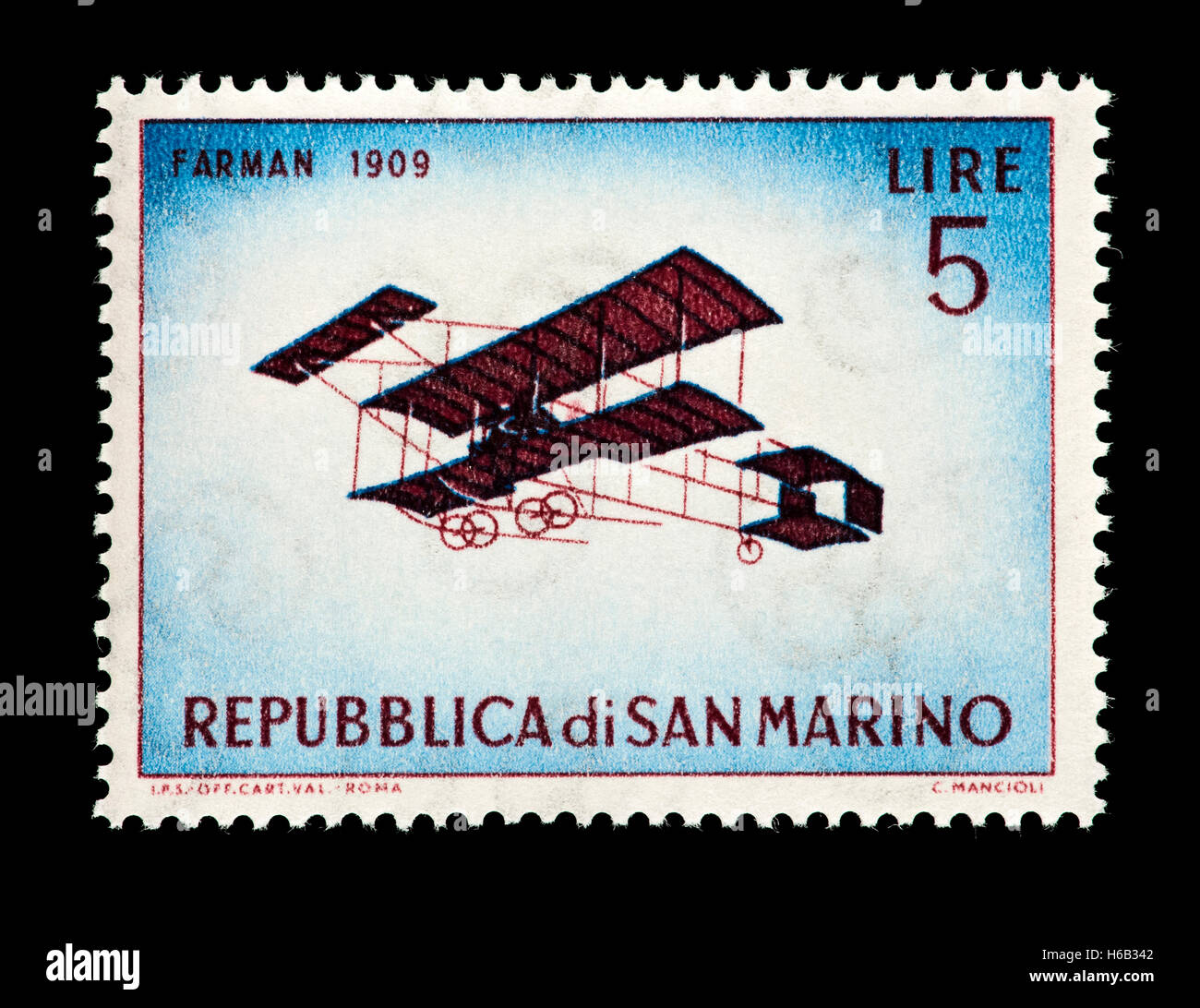 Timbre-poste de Saint-marin représentant un avion historique de Louis Blériot Banque D'Images
