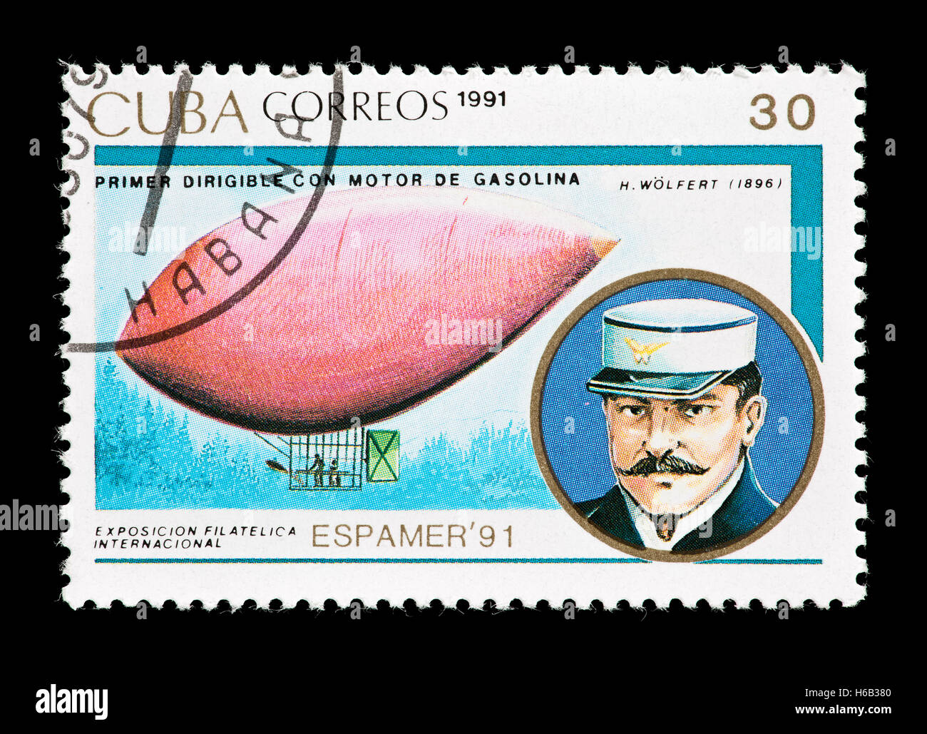 Timbre-poste représentant de Cuba et la première H. Wolfert airship avec un moteur à essence. Banque D'Images