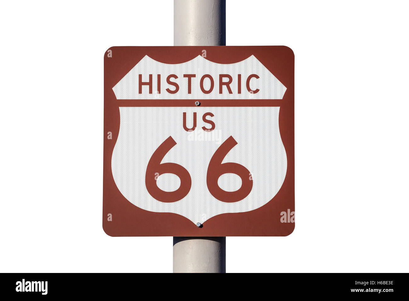 Nous historique Route 66 panneau routier isolated on white Banque D'Images