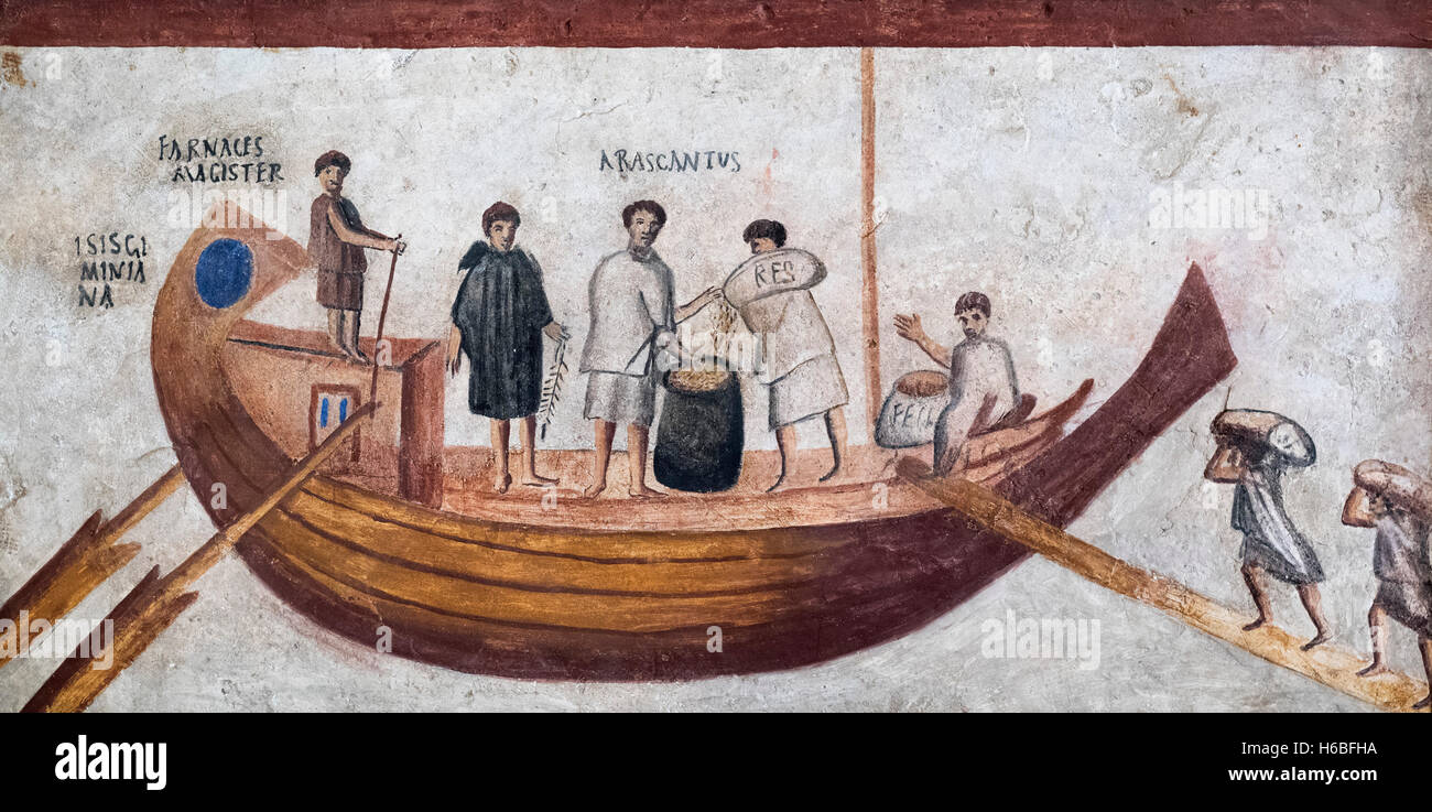 Rome. L'Italie. Fragment de fresque montrant le river boat Isis Geminiana dispositions chargement de transport. Musei Vaticani. Musées du Vatican. Banque D'Images