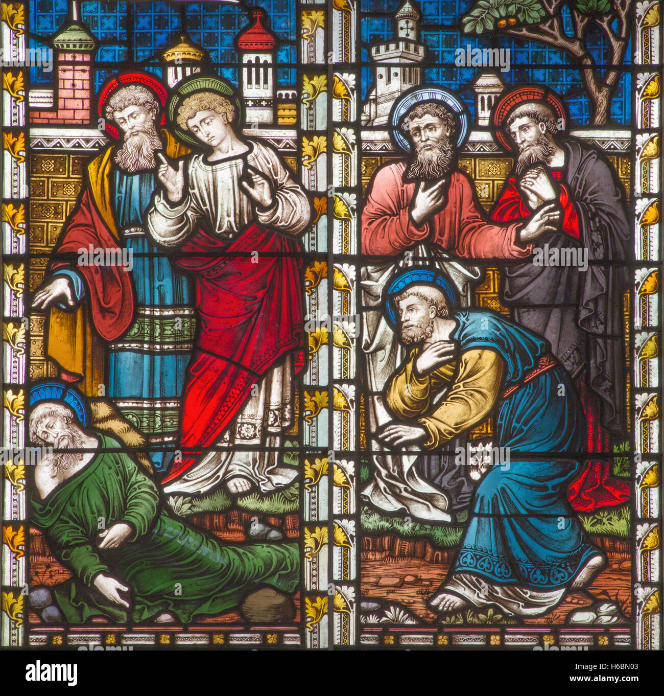 ROME, ITALIE, le 9 mars. 2016 : La scène Saint Paul après la lapidation à Lystre sur les vitraux Banque D'Images