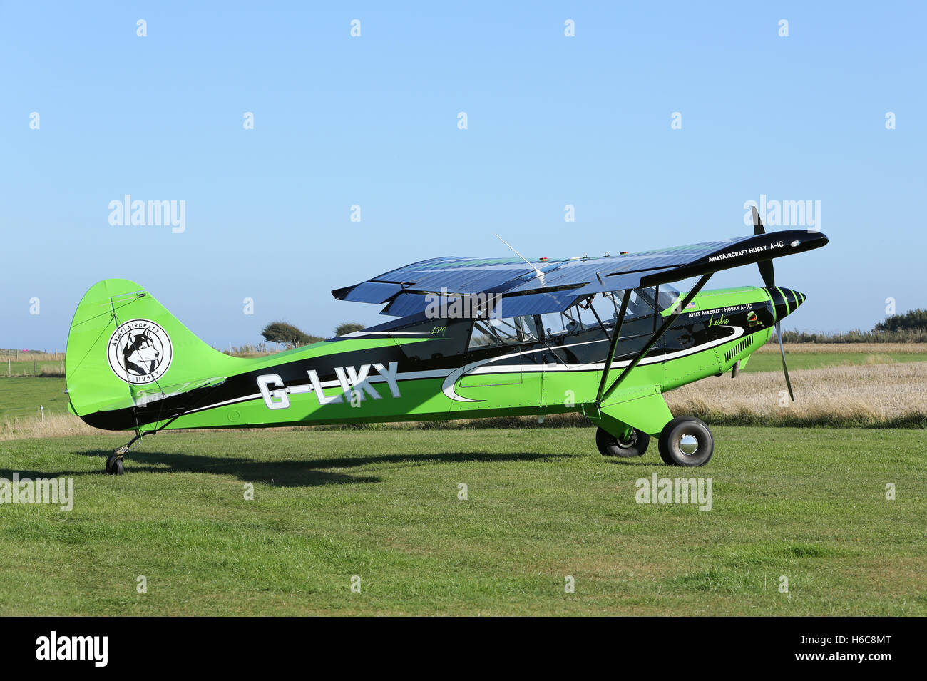 A-1C Aviat Husky (nick nommé Kermit par le propriétaire) à la tête de la vis près de l'aérodrome de Salcombe Banque D'Images