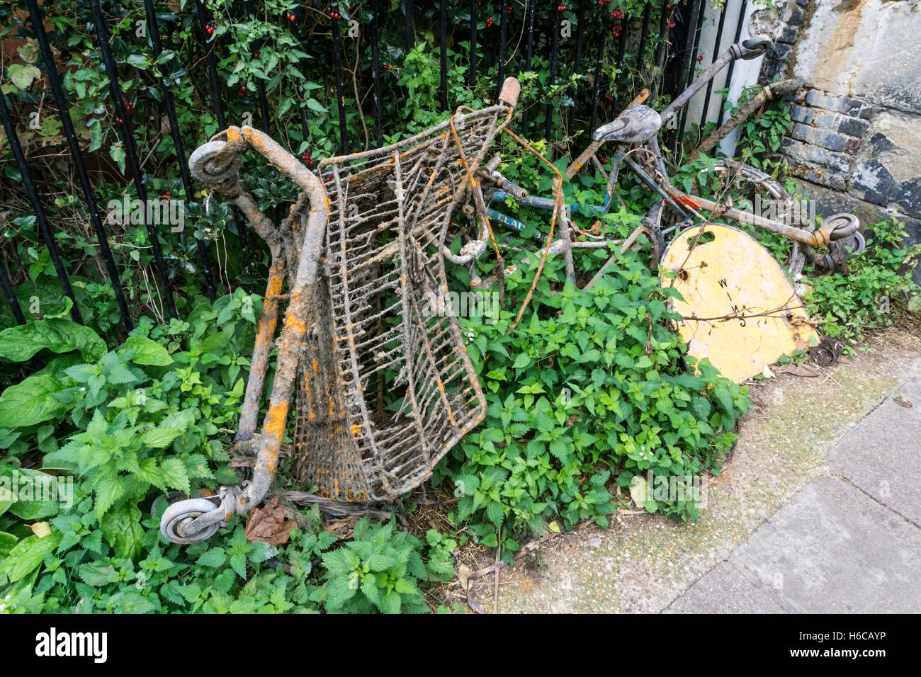 Ancien chariot de supermarché dragués du Regent's Canal à Londres. Banque D'Images