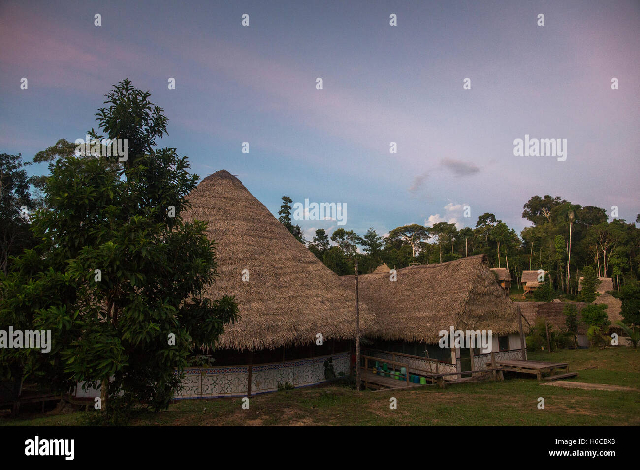 Un centre de guérison médecine ayahuasca maloca et dans la forêt amazonienne péruvienne dans une jungle au crépuscule près de lima Banque D'Images