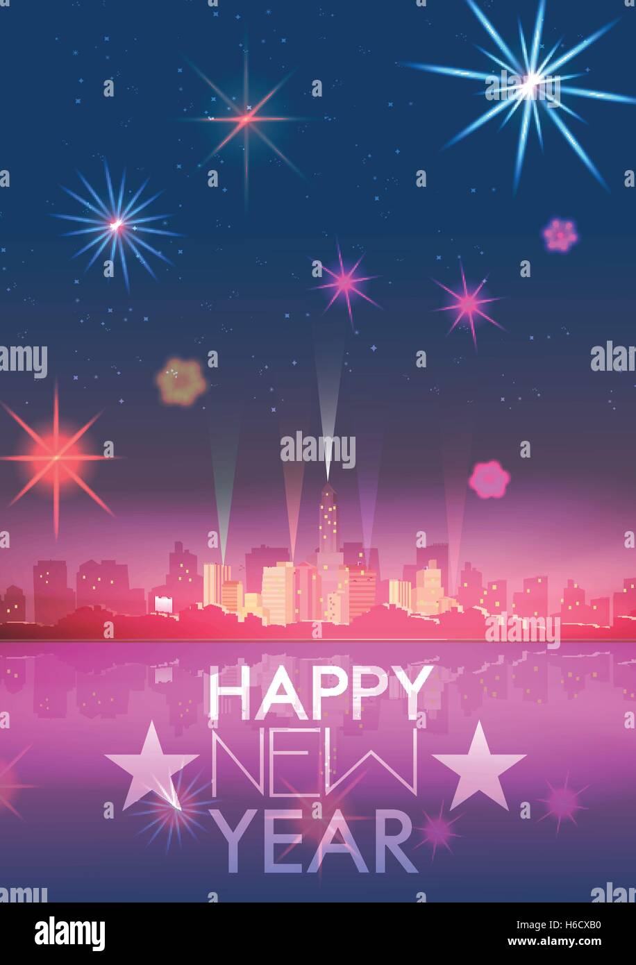 La célébration du Nouvel An Modèle d'affiche avec des toits et des feux d'artifice - Vector Illustration Illustration de Vecteur
