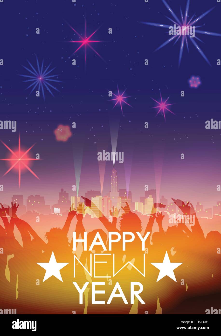 La célébration du Nouvel An Modèle d'affiche avec des toits et des feux d'artifice - Vector Illustration Illustration de Vecteur
