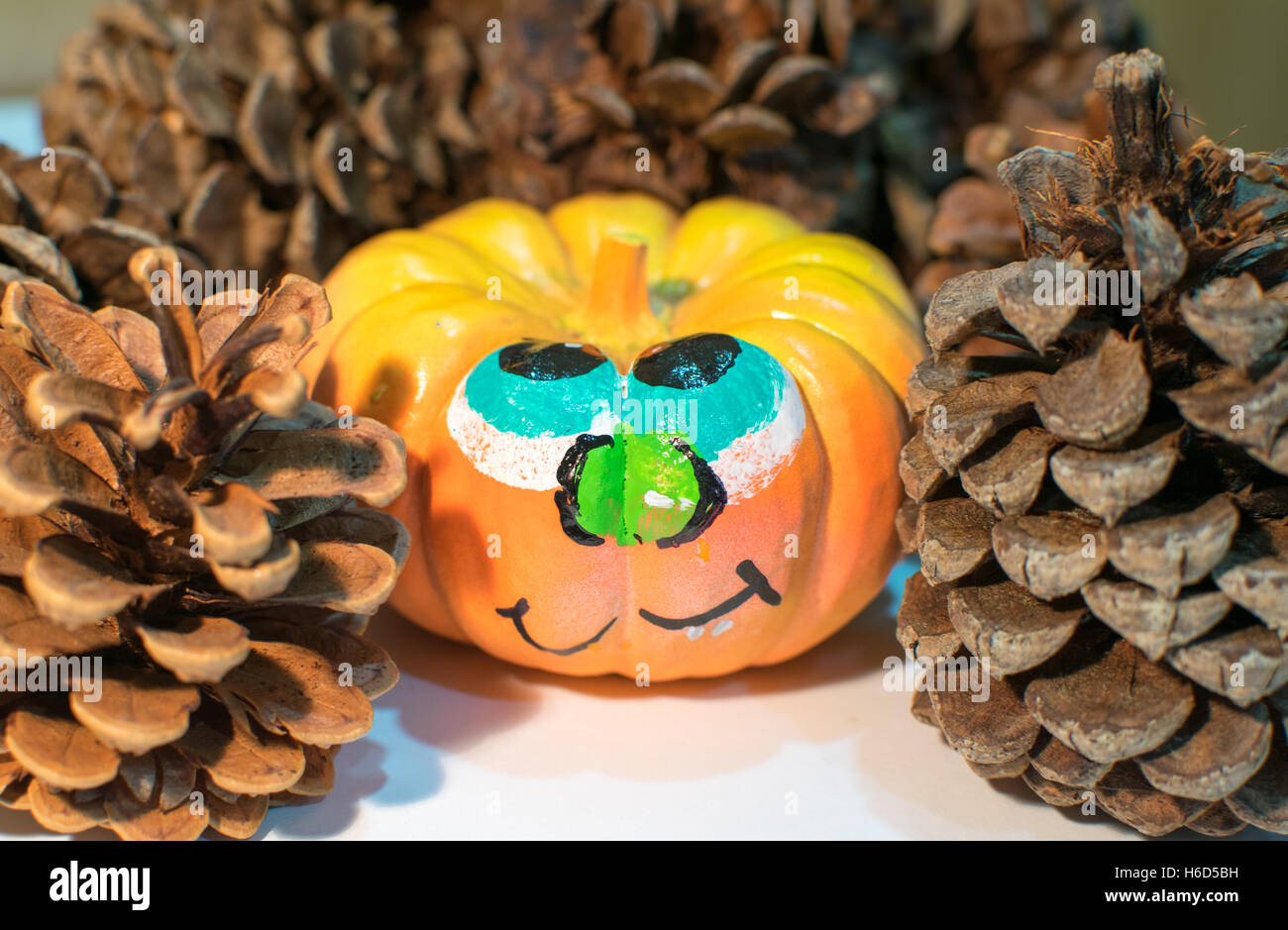 Petite citrouille avec heureux visage peint et de grands yeux bleus cachés derrière des pommes de pin Banque D'Images